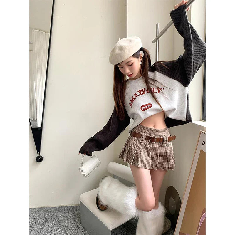 qgtao Vintage Plaid Mini Skirt Women Y2K Houndstooth Belt Pleated Skirts Streetwear Harajuku 90S High Waist A Line Short Skirt