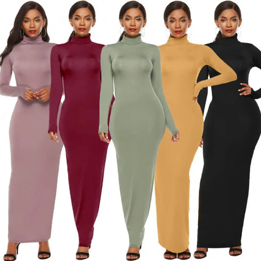 qgtao聽Women Long Dresses Plus Size Party Solid Color Women Long Sleeve Turtleneck Bodycon Dress Maxi Vestidos S-5XL