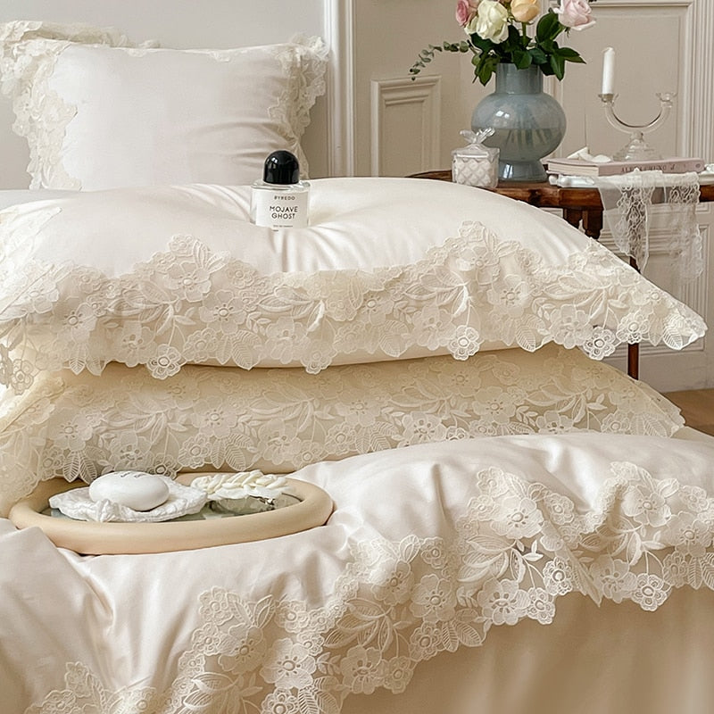 Yeknu - Romantic French Wedding Chic Flowers Lace Edge Woman Bedding Set 1000TC Egyptian Cotton Girl Duvet Cover Bed Sheet Pillowcases