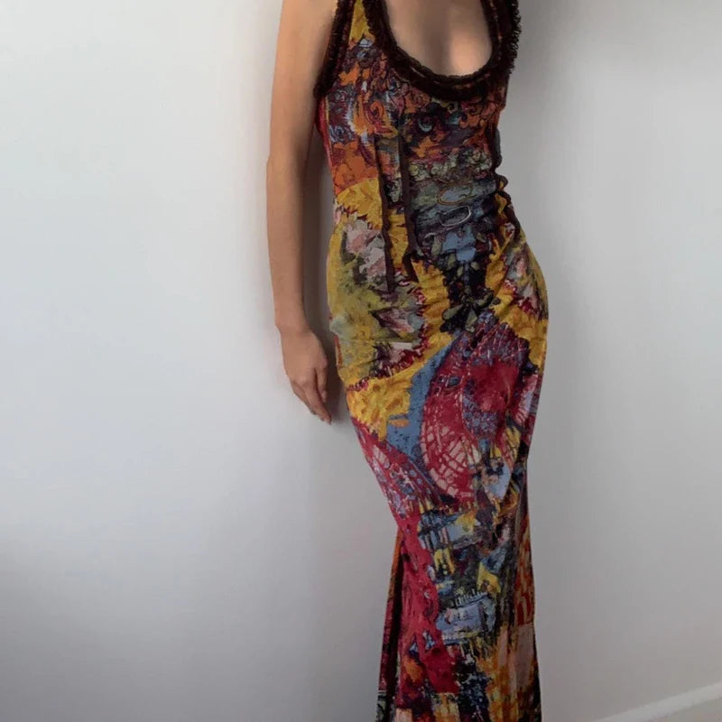 qgtao  -   Vintage Oil Painting Print Dress Sexy Backless Hollow Out Sleeveless Maxi Dresses Aesthetic Party Clubwear Slim Vestidos