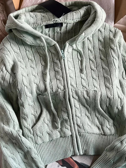 Solid Twist Knitted Hooded Cardigan Women Autumn Casual Cotton Ribbed Trim Zip-up Sweater Vintage Streetwear Cropped Tops Coat