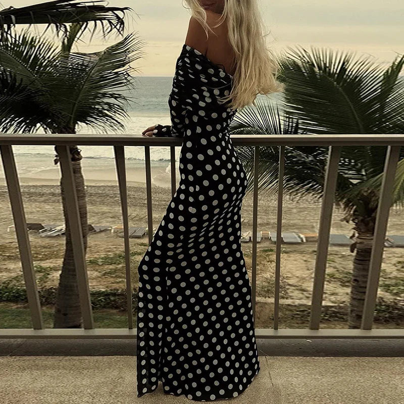 qgtao 2024 Spring Polka Dot Print Slim Bodycon Long Dress Women Sexy Slash Neck Draped Party Dress Summer Off Shoulder Boho Maxi Dress