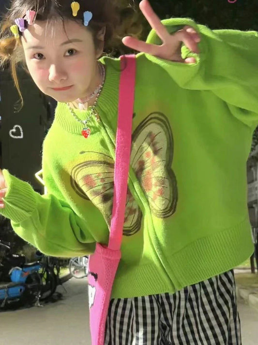 qgtao Y2K Vintage Green Cropped Cardigan Women Harajuku Hippie Zipper Oversized Sweater Korean Graphic Knitted Tops Fairycore