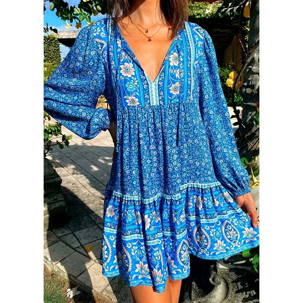 qgtao Floral Vintage Mini Dresses Autumn Boho Women Holiday Dress Long Sleeve Hippie Tie Up V-neck Sexy Ruffles Girls Dress