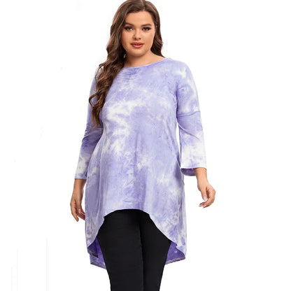 qgtao Plus Size Long Sleeve Elegant Tie Dye Tunic Tops Long Loose Autumn Hi Low Swing Blouse T-shirt Plus Size Clothing Women 6XL 7XL