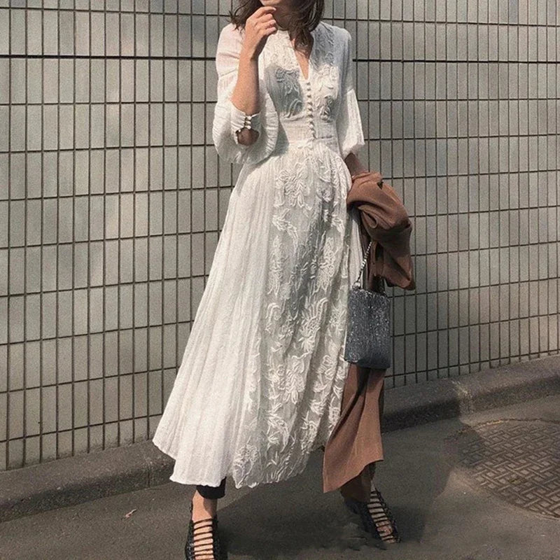 qgtao White Floral Embroidery Maxi Dress Vintage Boho Long Lantern Sleeve Dress Women V-neck Holiday Sexy Ladies Dresses