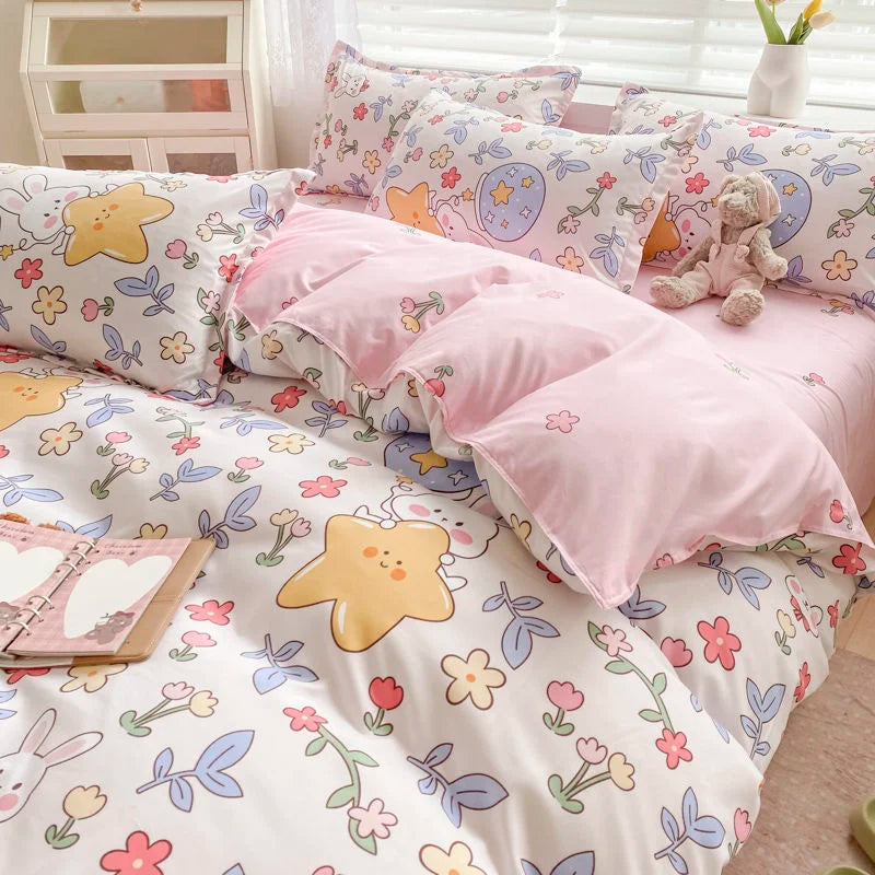 Yeknu Korean Style Bedding Set Twin Queen Size Cute Cream Cherry Duvet Cover Flat Sheet Pillowcase Polyester Princess Girl Bed Linen