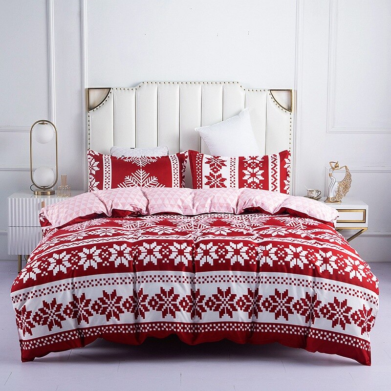 Yeknu New 4pcs High Quality Skin Friendly Christmas Snowflake Bedroom Double Soft Bedding Set Sheet Quilt Cover Pillowcase