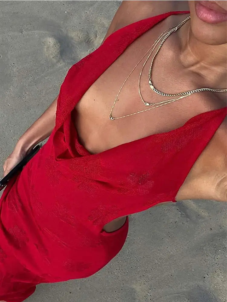 qgtao Sexy Hanging Neck Hollow Out Red Maxi Dress Sexy Off Shoulder Backless Slim Dresses 2024 Summer Street Nightclub Partywears