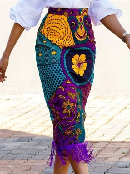 qgtao Women Summer Print Skirt Vintage Floral African Fashion High Waist Tassel Classy Modest Elegant Retro Jupes Falads Plus Size New