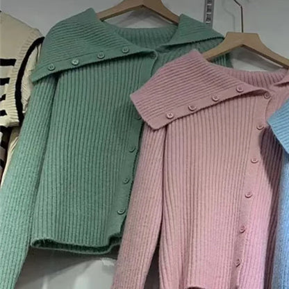 UCXQ Winter Women's Sweater 2024 New Versatile Sexy Coats Solid Irregular Off Shoulder Knitted Cardigan French Retro Knitwears