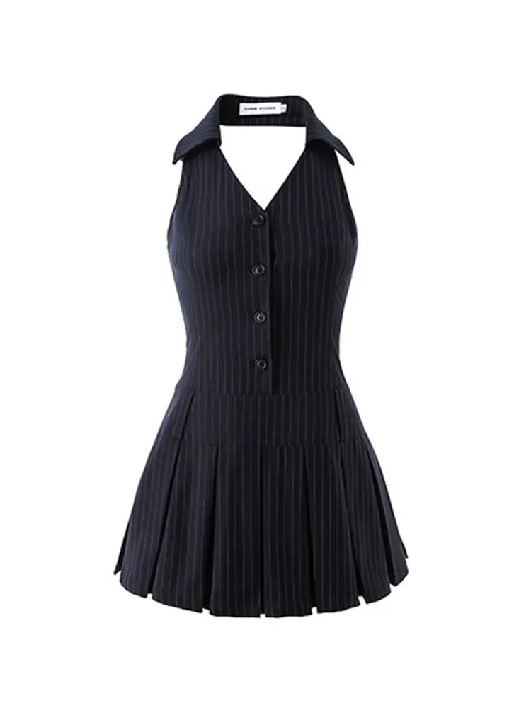 qgtao Summer Women Fashion Mini Halter Party Pleated Dress A-line Backless Black Striped V Neck Frocks Sexy Gyaru Y2k Streetwear Prom