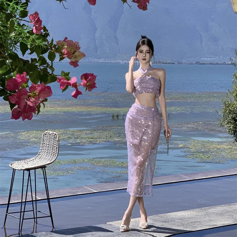 qgtao-2024 New Summer Purple Sequin Set for Women Sexy Split Half-body Dress Beach Holiday Casual Elegant 2 Pieces Female Clothing