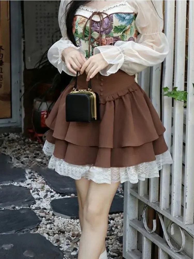 qgtao Kawaii Lolita Skirt Women Autumn Winter Vintage High Waist A-line Lace Patchwork Bow Japanese Fashion Brown Mini Skirt