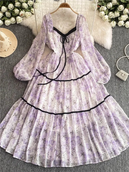qgtao Elegant Floral Printed Midi Dresses for Women Lantern Sleeves Square Collar A-line Birthday Party Dress Autumn New Prom Robe