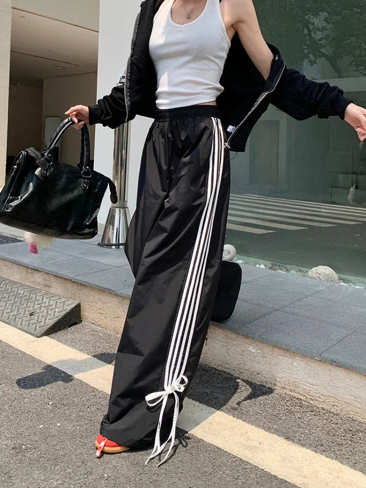 qgtao  -  Sports Stripe Baggy Pants Women Y2k Fashion Cutecore Bow Straight Wide Leg Sweatpants Streetwear Korean Causal Joggers