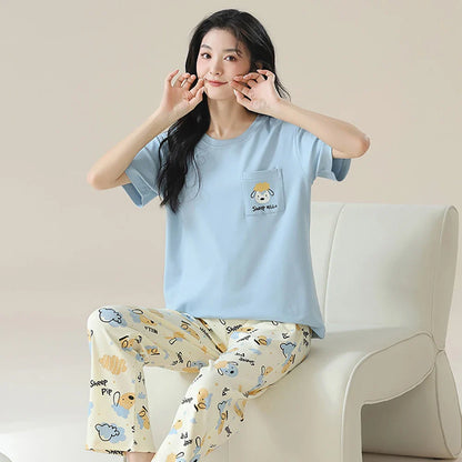 qgtao M-2XL 100% Cotton Women's Pajamas Casual Summer Short Sleeve Thin Pijama Sets Breathable Soft Pajama Sleepwear With Two Pockets