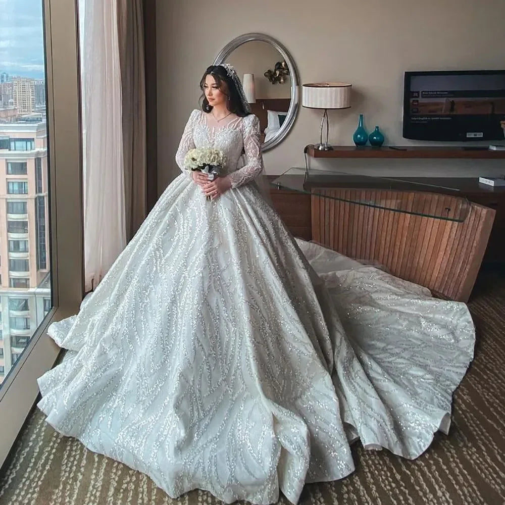 qgtao luxurious Ball Gown Wedding Dresses 2024 Bling Sparkly Lace Sequined O Neck Long Sleeve Marriage Muslim Bridal Gowns