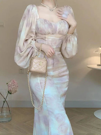 qgtao French Skirt Suit Female Spring Summer New Square Collar Lantern Sleeve Top Slim High Waist Long Skirt Two-Piece Sets Women