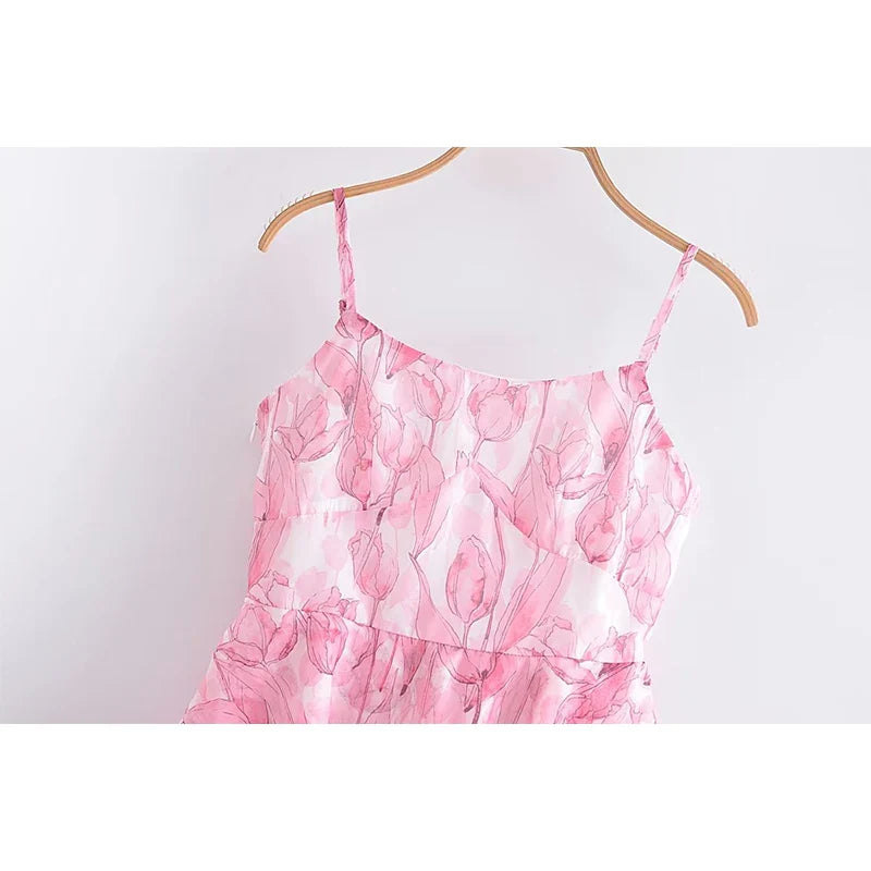 qgtao  Sweet Women Pink Floral Print Sexy Sling Mini Dress Sleeveless Female A-line Mini Summer Dresses Holiday Robe