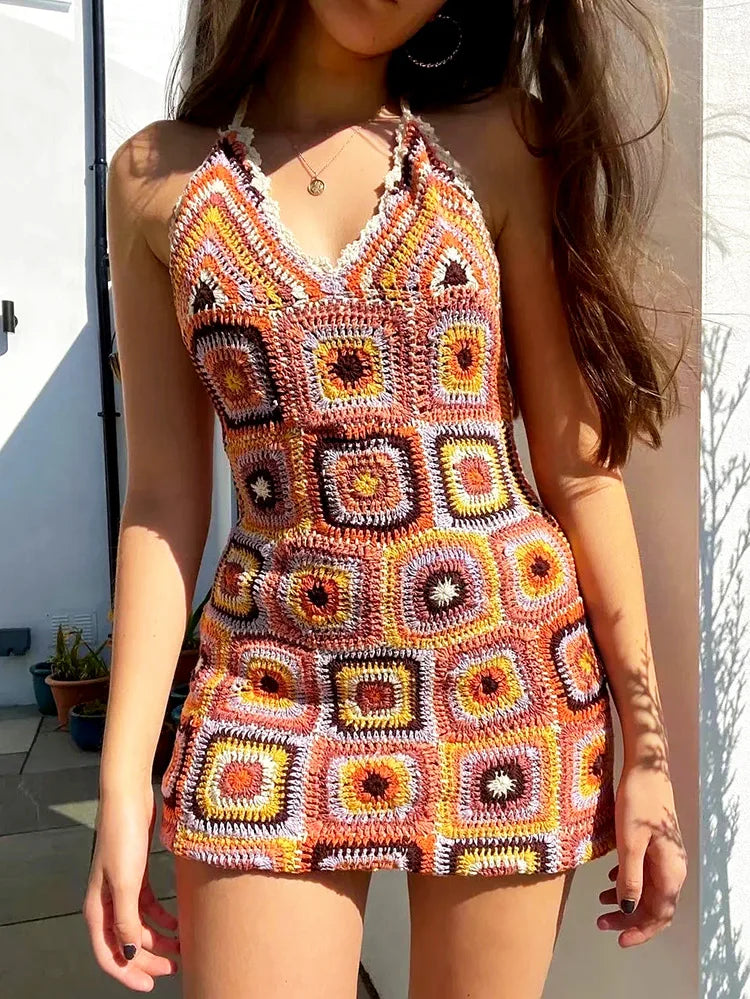 qgtao Vintage Crochet Knitted Strappy Dress Handmade Backless Summer Women Dresses Square Pattern Hollow Out Sexy Mini Dress