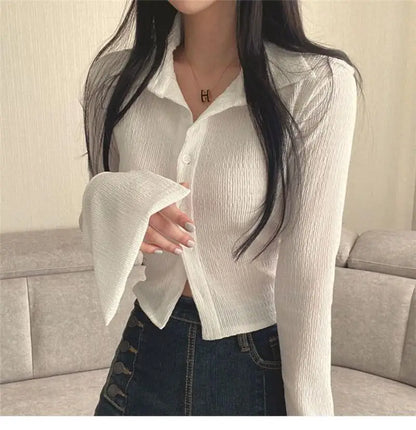 qgtao Sexy Crop Top Women Summer Long Sleeve T-Shirts Female Elegant Fashion Sunscreen Shirt Ladies Hotsweet Slim All-Match Camisas