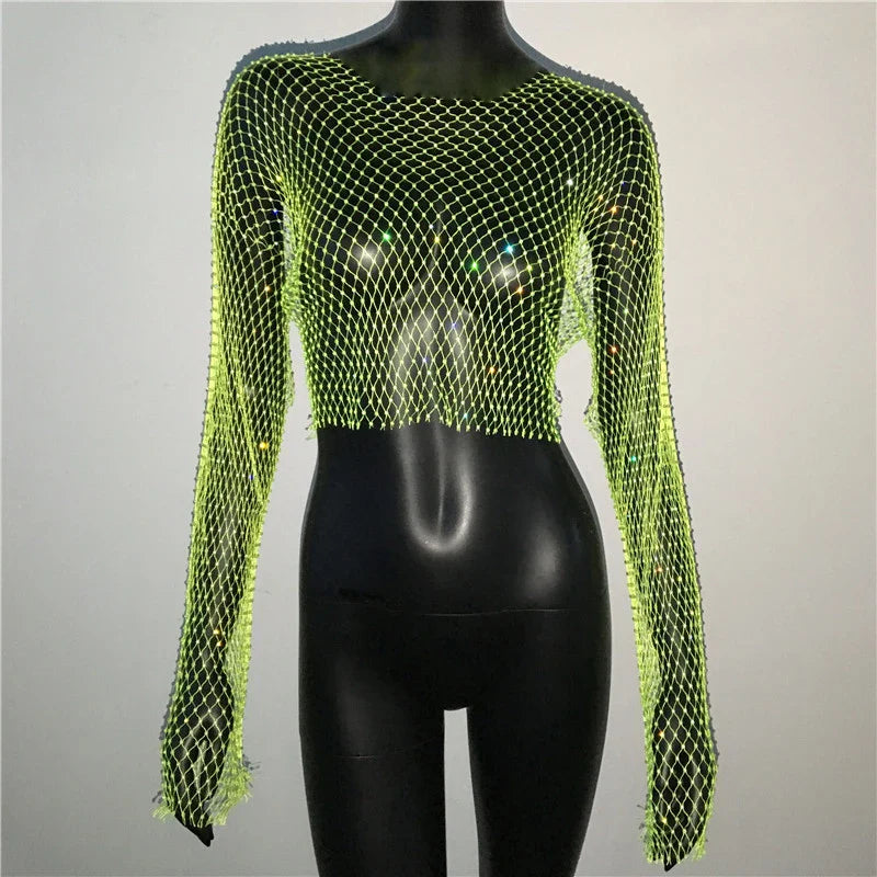 qgtao Women Sexy Mesh See Through T Shirt Shiny Rhinestone Fishnet Hollow Out Crop Top Long Sleeve Beach Cover Up Party Club Tank Tops