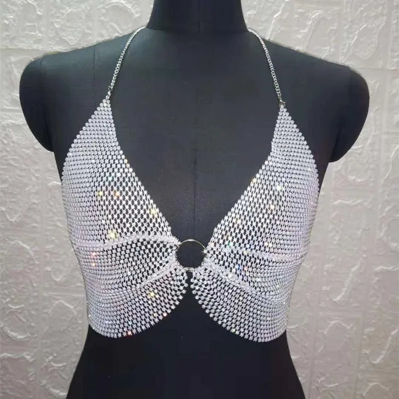 qgtao Shiny Rhinestone Crop Top Women Shining Backless Mesh Sexy Festival Top Party Nightclub Vest cropped Bra Top feminino