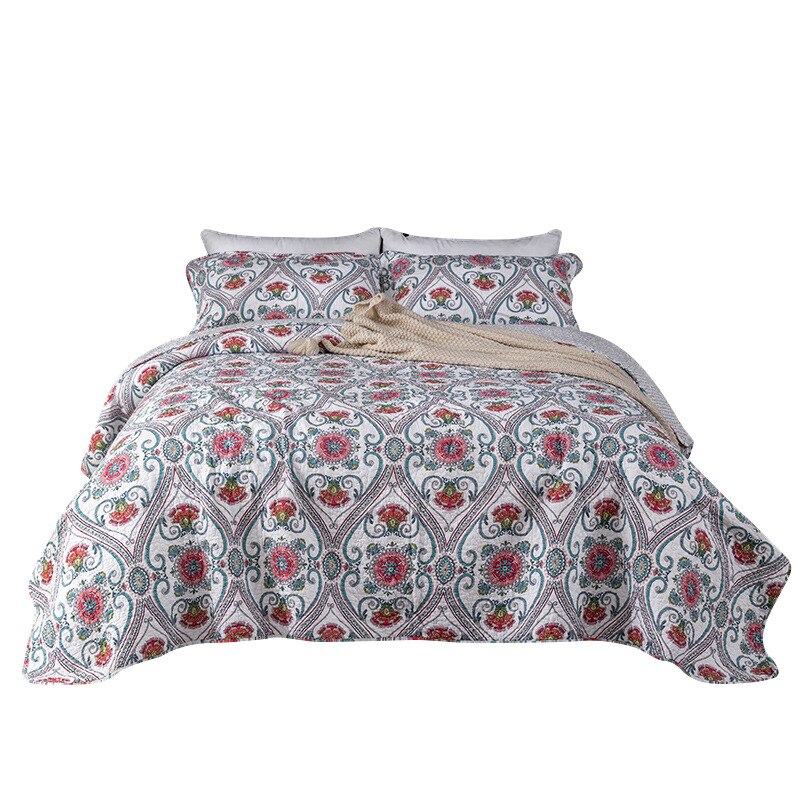 Yeknu 100% Cotton Double Bed Floral Red Flower 3pcs Printed Quilted Quilt Pillowcase Free Shipping de cama casal