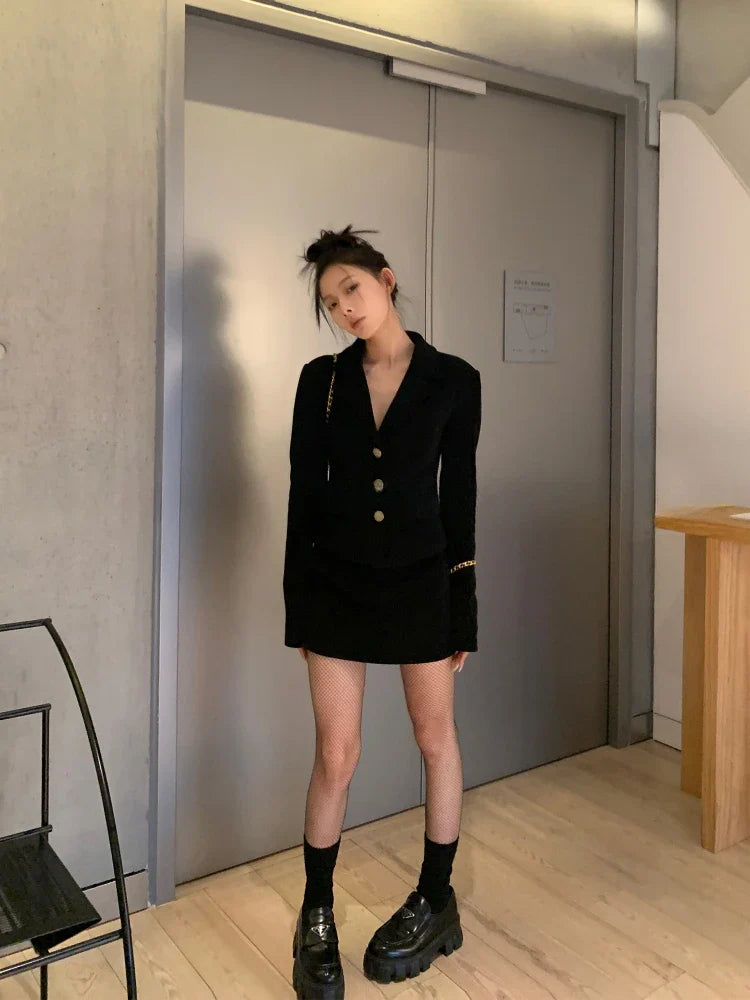 qgtao Autumn Korean Elegant Black 2 Piece Sets Women Outfits Casual Vintage Jacket Coat + Office Lady Slim Mini Skirt Blazer Suit