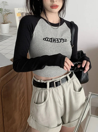 Patchwork Long Sleeve Tshirt Women Embroidery Crop Top Female Fashion O Neck Sexy Slim Tees Top Spring Ladies Basic T-shirts Y2K