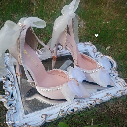 qgtao Kawaii Girls Spring Pearl Pointed Sandals High Heel Sweet Lolita Shoes Lace Bowknot Princess Cute Girl Women Lolita Shoes Cos