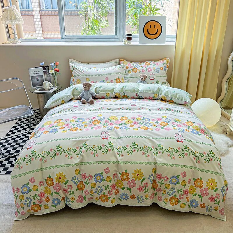 Yeknu - Floral Printed Duvet Cover Set with Sheet Pillowcases Warm Cute Cartoon Bed Linen Full Queen Size Home Gift Bedding Set