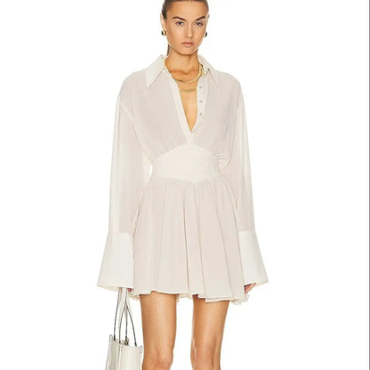 Chiffon Double Layer Loose Fit Draped Women's Dress Notched Solid Dress Female Party Club Charming Streetwear New