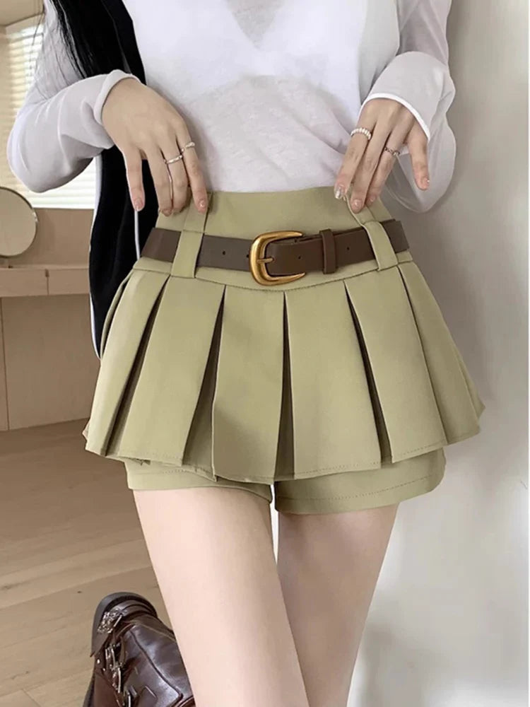 qgtao High Waist Sexy Belt Pleated Skirt Women Sweet Vintage Preppy Style Mini Skirt Korean Casual Elegant Solid Female Skirt New