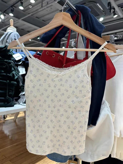 Little Bear Eyelet Cotton Vest Shorts Set Summer Sweet Bow Lace Camis Tops And Shorts Vintage Cute 2 Piece Sets Women Outfit New