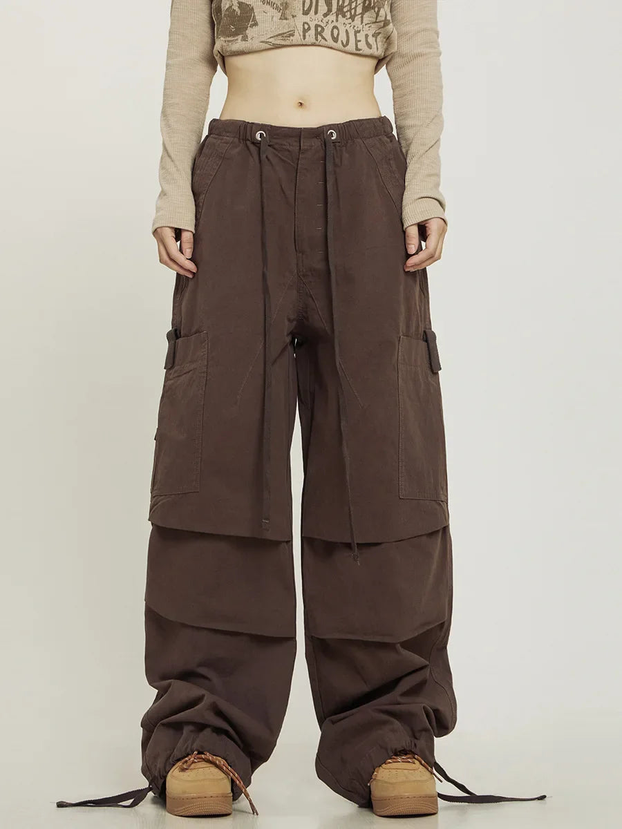 QWEEK Baggy Cargo Pants Women Oversize High Waist Vintage Folds Trousers Streetwear Multiple Pockets Drawstring Jogger Pants