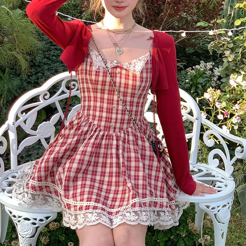 qgtao Vintage Sweet Red Plaid Dress for Women Kawaii Elegant French Style Bow Lace Party Mini Dress Retro Lolita Pleated Dress