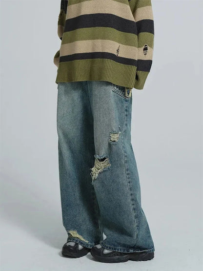 Women's Blue Star Ripped Jeans Baggy Harajuku Aesthetic Denim Trousers Y2k Wide Jean Pants Vintage 2000s Trashy Oversize Clothes
