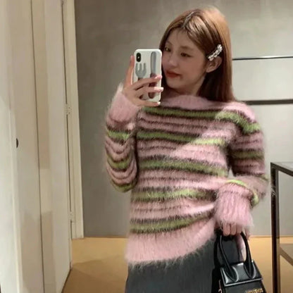 Autumn Striped Mohair Knitted Cardigans Winter Women Vintage Gentle Elegant Loose Sweater Casual V-neck Long Sleeve Knitwear