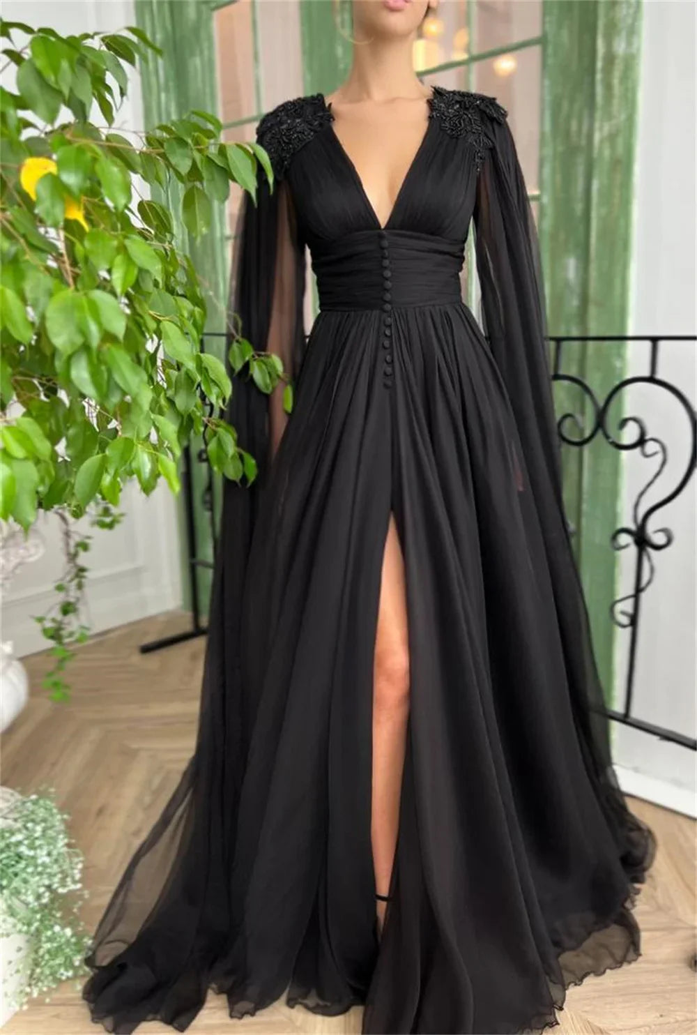 Black Cape Floor Length Prom Dress Sexy Side Split Evening Gown Princess Tulle A-line Prom Dresses