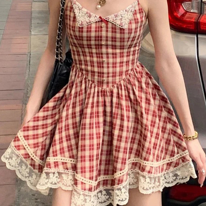 qgtao Vintage Sweet Red Plaid Dress for Women Kawaii Elegant French Style Bow Lace Party Mini Dress Retro Lolita Pleated Dress