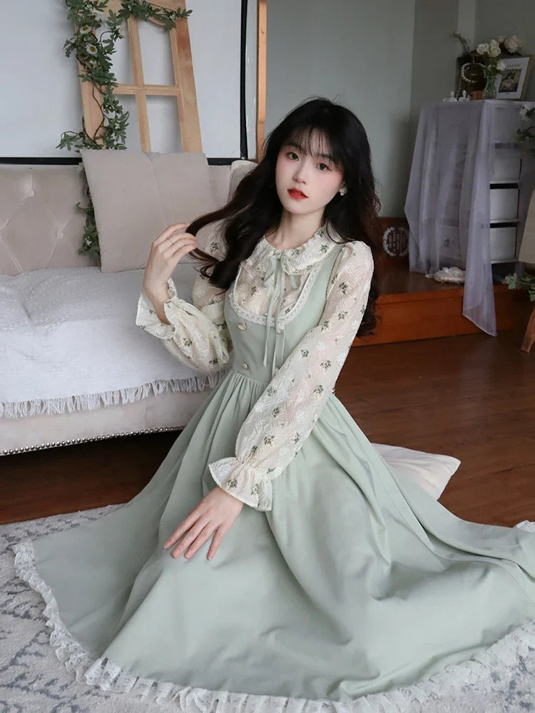 qgtao Green Elegant Vintage Strap Dress Women 2024 Spring Lace Evening Party Midi Dresses Ladies Retro Korean Sweet Kawaii Fairy Dress