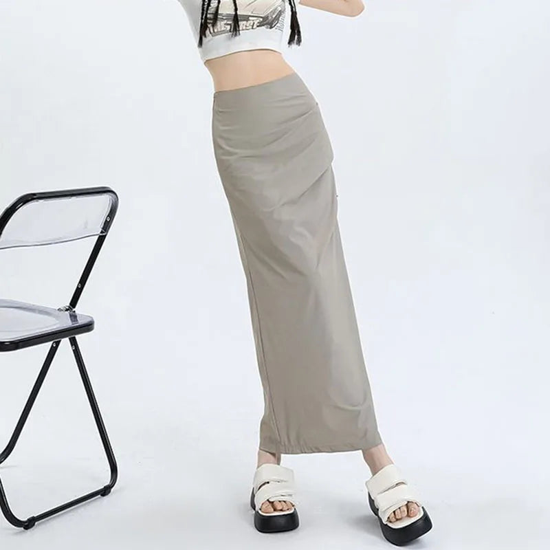 qgtao Y2K Cargo Skirts for Women Korean Style High Waist Slim Fit Long Skirt Woman Sexy Bodycon Side Split Midi Skirts Female