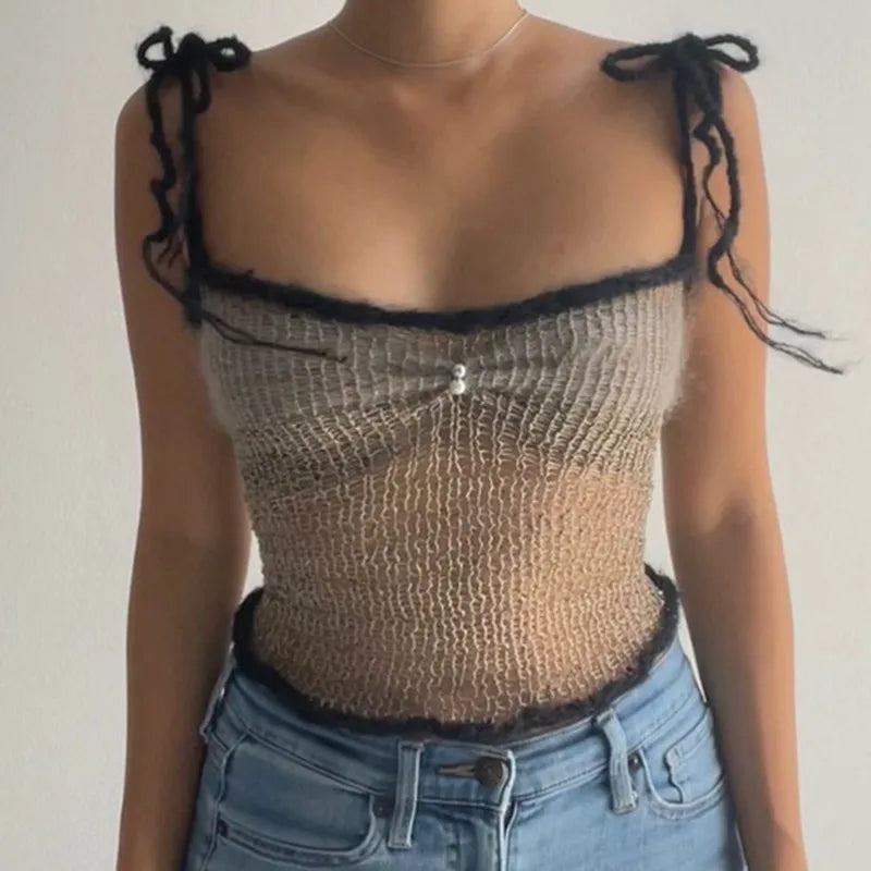 qgtao New Women Mini Vest Y2K Retro Streetwear Kawaii Girl Knitted Tie-up Strap Crop Top Sexy Hollow Out Backless Camisole Chic