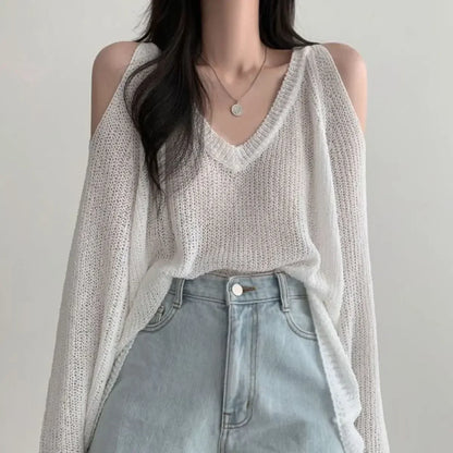 Autumn Winter Casual Fashion Hollow Out Bottoming Sweater Ladiesoff the Shoulder Knitting Top Women Sexy Loose V-neck Jumpers