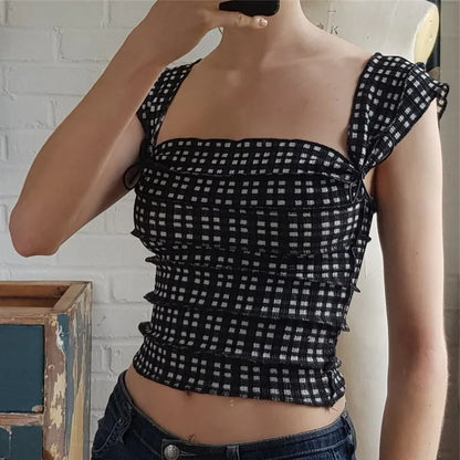 qgtao  -  Y2K Cute Bow Lace Up Crop Top Aesthetic Texture Square-neck Sleeveless T Shirt Summer Women Streetwear Slim Tees