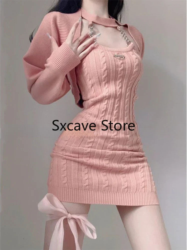 qgtao Autumn Pink Knitted Suits Office Lady Casual Y2k Crop Tops + Mini Dress Korea Fashion Clothing Even Party 2 Piece Dress Set