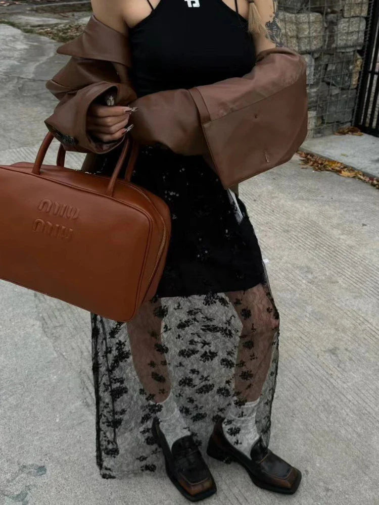 qgtao  See Through Long Skirt Women White Korean Fashion High Waist A-line Sequin Lace Patchwork Sexy Transparent Mesh Skirt