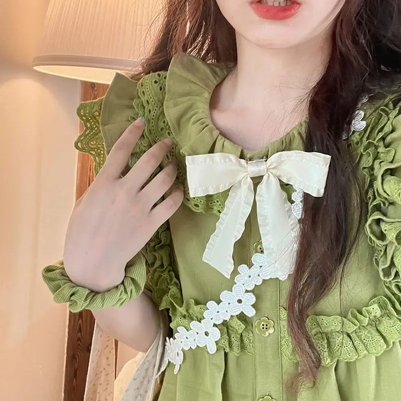 qgtao Summer Green Kawaii Lolita Dress Women Bow Designer Party Mini Dress Female Casual Korean Fashion Lace Elegant Cute Dress 2023